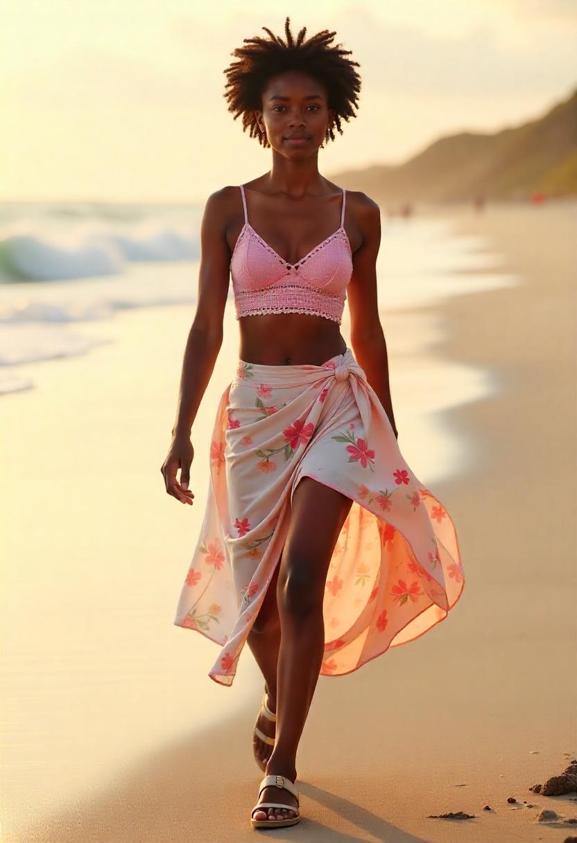 A 19 year old girl in a flowy floral wrap skirt