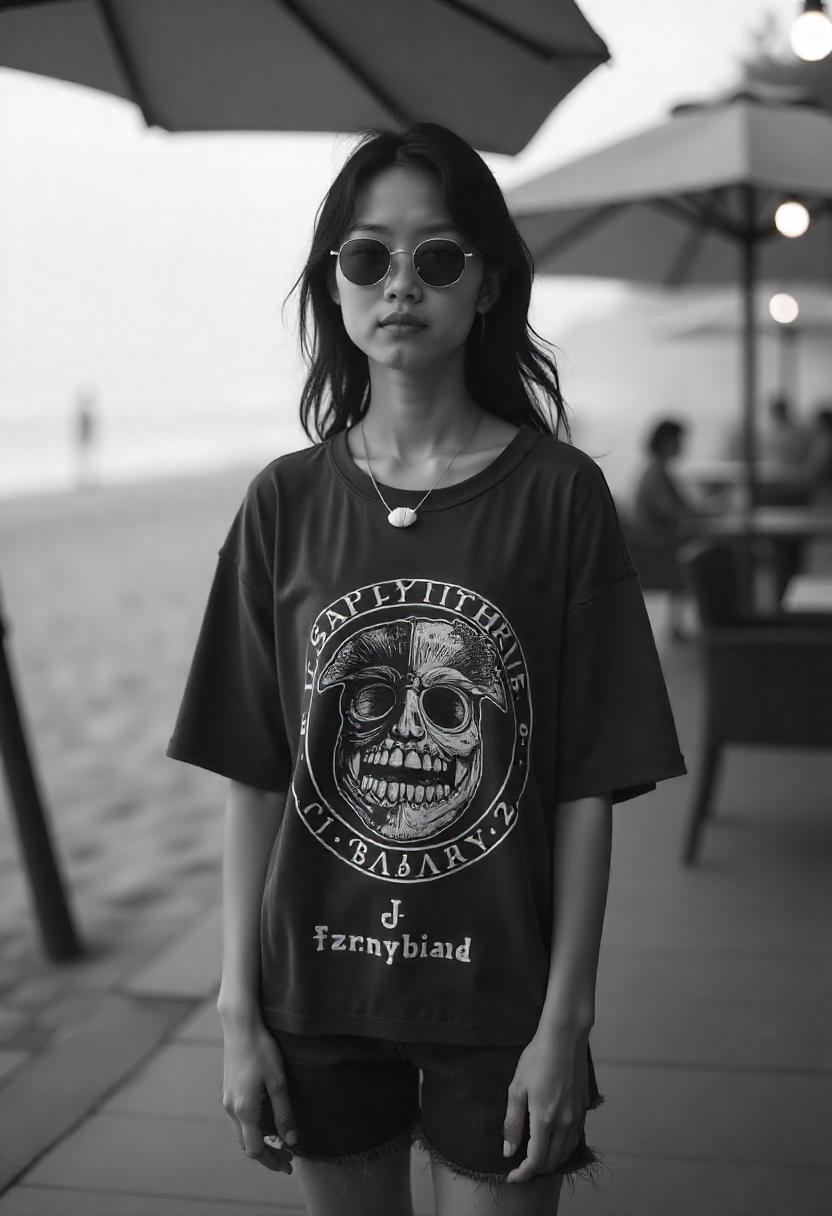 A 19 year old girl in a graphic band tee that falls mid-thigh