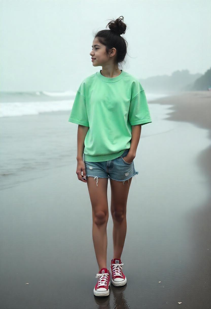 A 19 year old girl with a messy bun in an oversized pastel tee