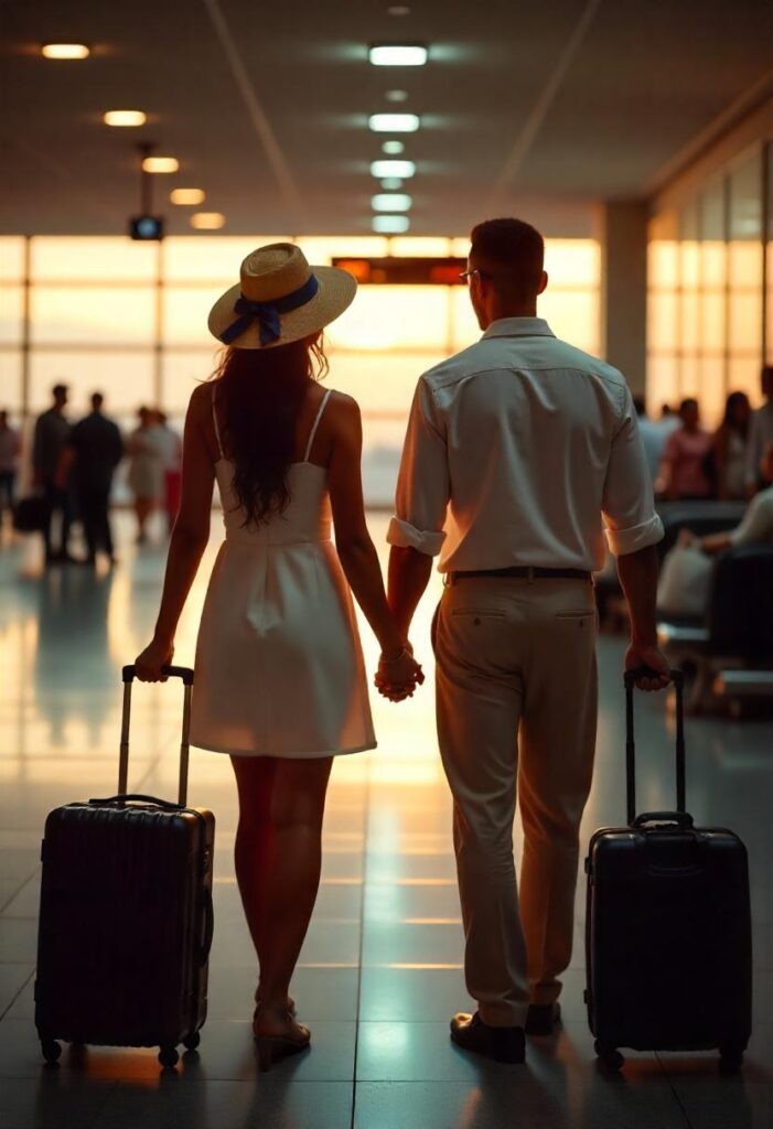 A couple holding hands by a departure gate—she in a white sundress and straw hat