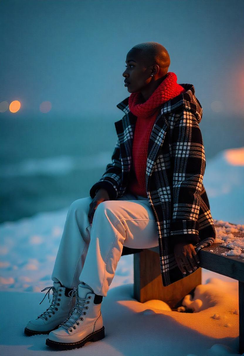 A Black woman in a plaid flannel overcoat, relaxed-fit jeans, cashmere-blend sweater,