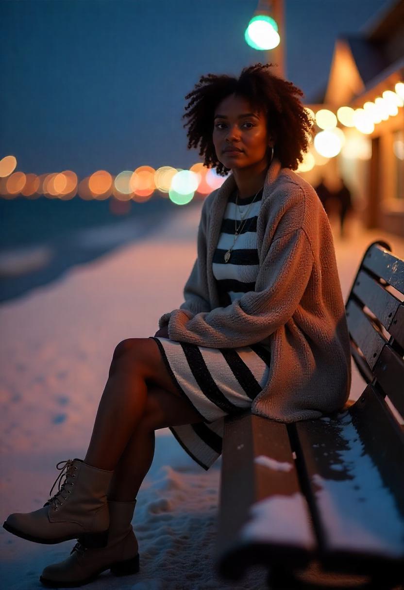 A Black woman in a striped wool-blend sweater dress, slouchy cardigan