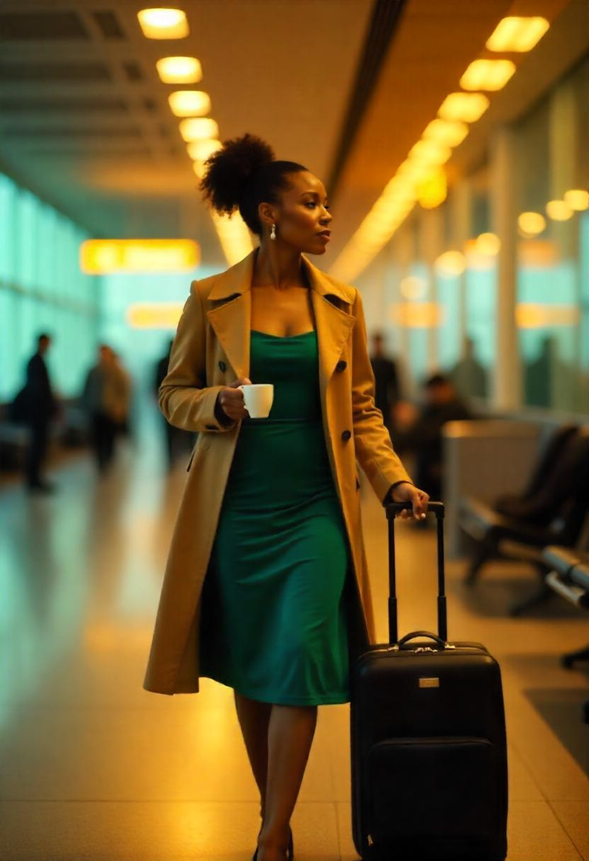 A Black woman in her 40s waiting at a first-class boarding gate, wearing an emerald green midi dress