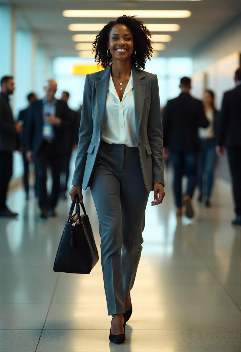 A Black woman in her 40s walking through airport security with a gray tailored pantsuit