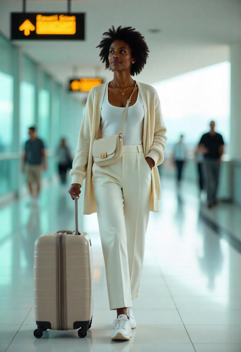 A Black woman in her early 30s walking through a bright airport terminal