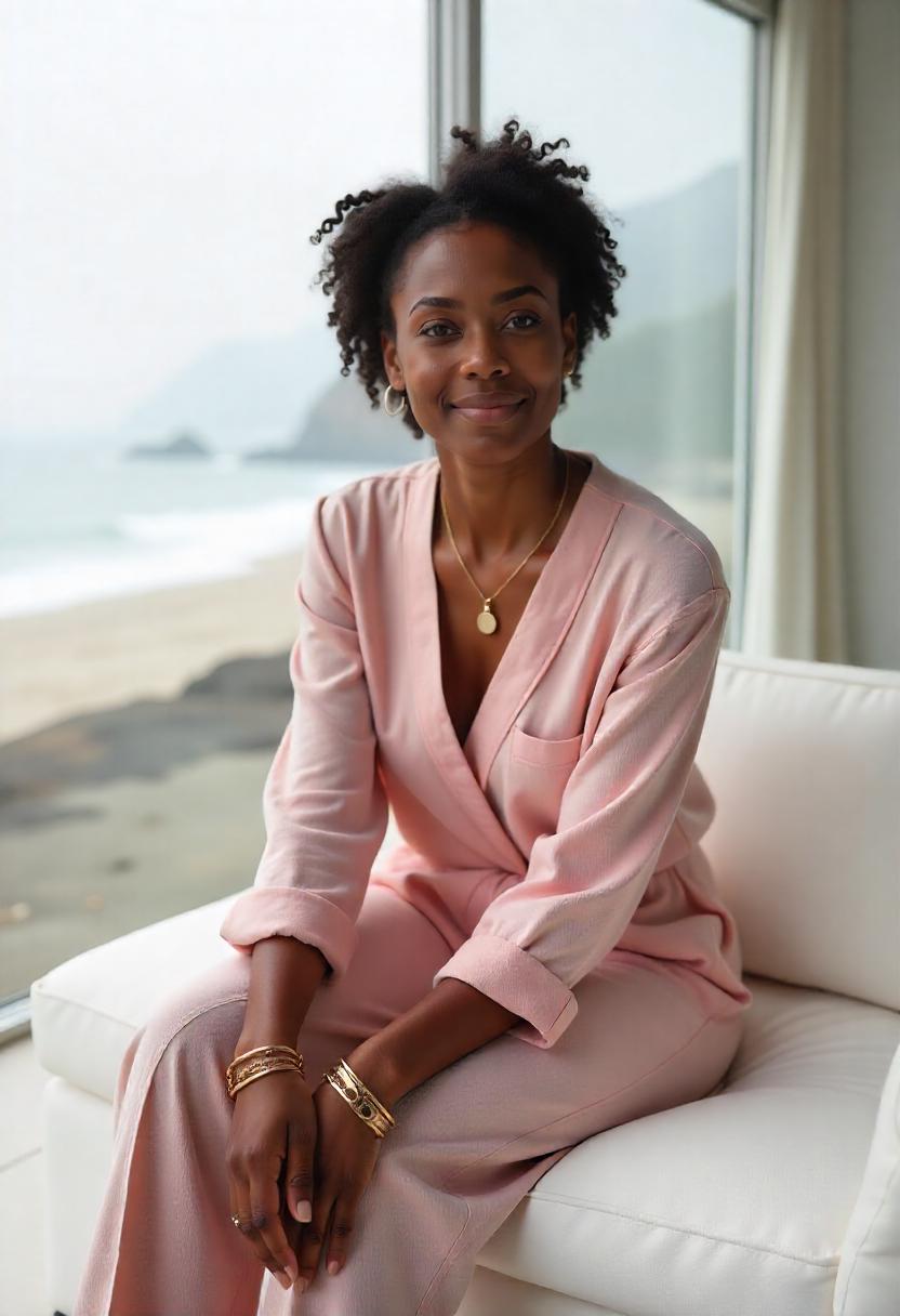 A Black woman in her late 20s wearing a breezy linen co-ord set