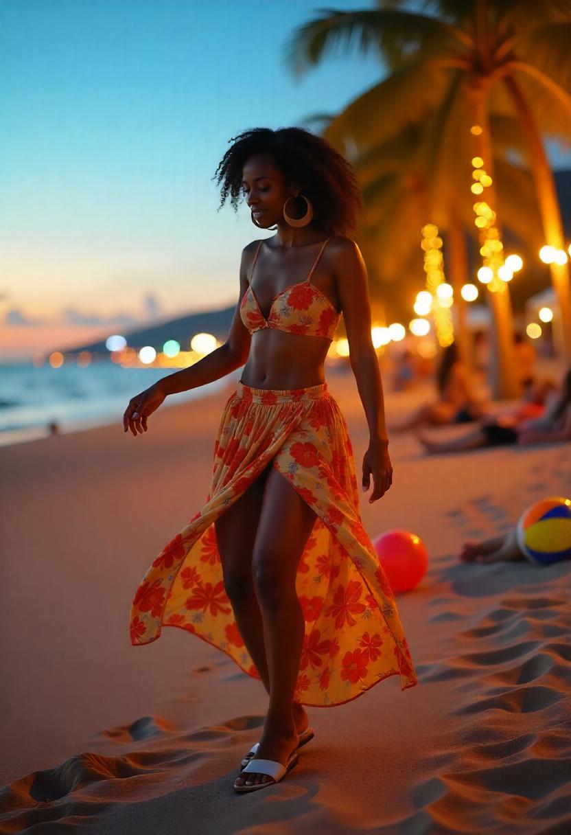 A Black woman in her late 20s wearing a vibrant floral two-piece