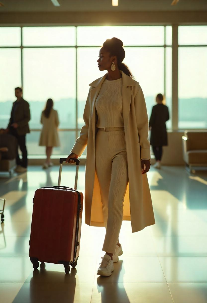 A Black woman in her mid-40s pulling her suitcase past a gate screen