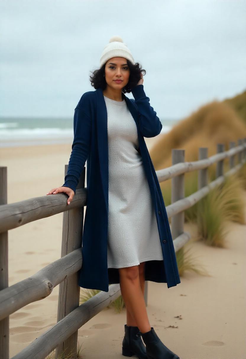 A Latina woman in a neutral knit dress layered with a longline cardigan