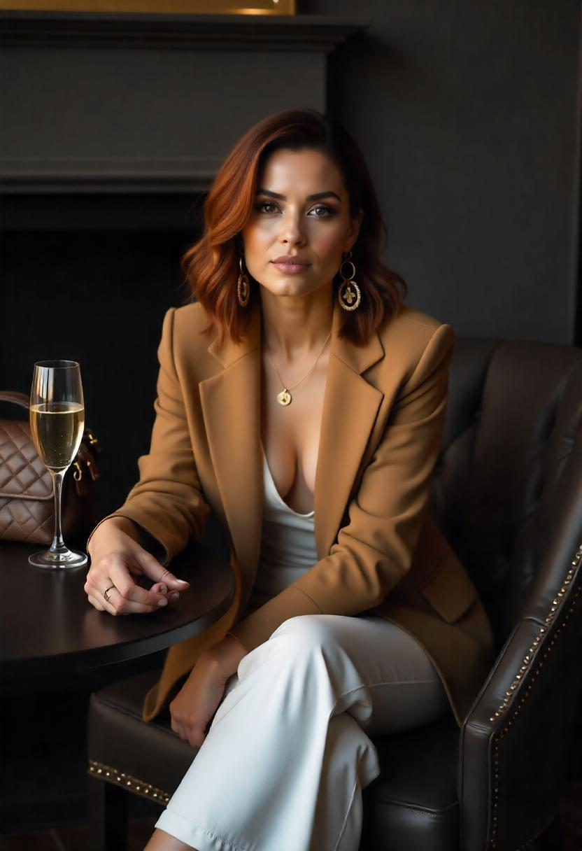 A Latina woman in her 30s sitting in a VIP lounge, wearing a structured camel blazer