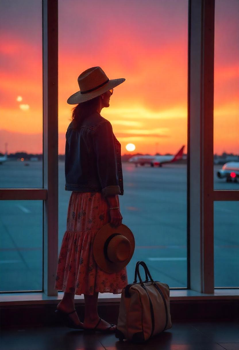 A Latina woman in her 50s near an airport window in soft morning light
