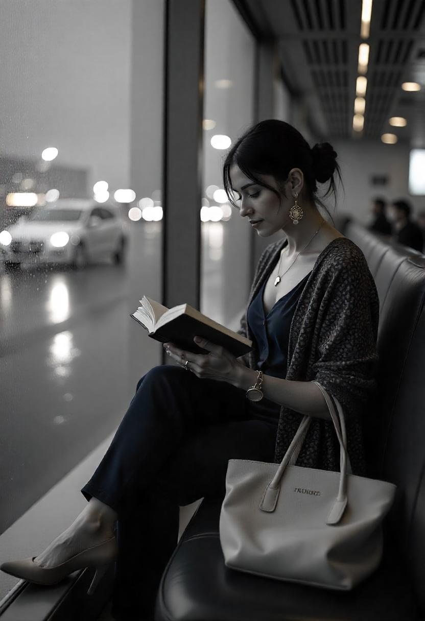 A Latina woman in her 50s seated in a quiet terminal corridor reading a book