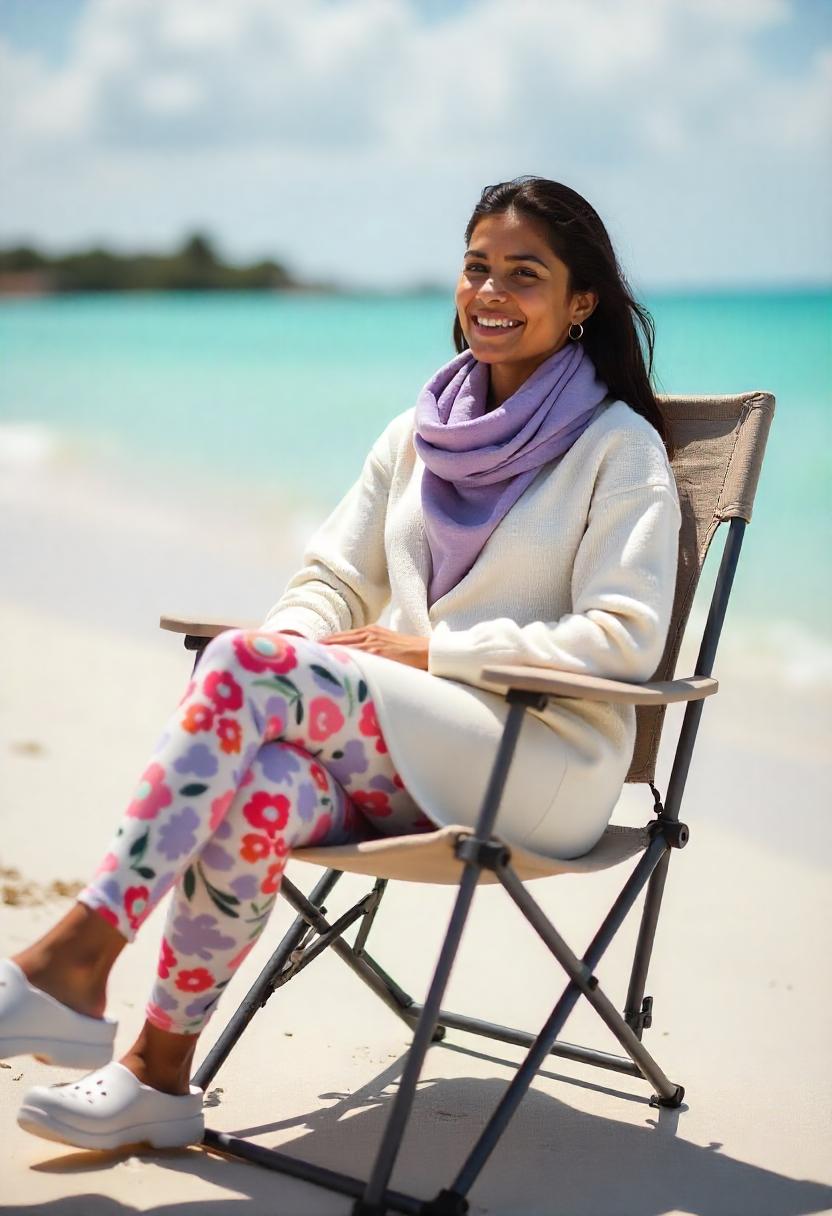 A Latina woman in printed fleece leggings, longline tunic, soft wrap scarf