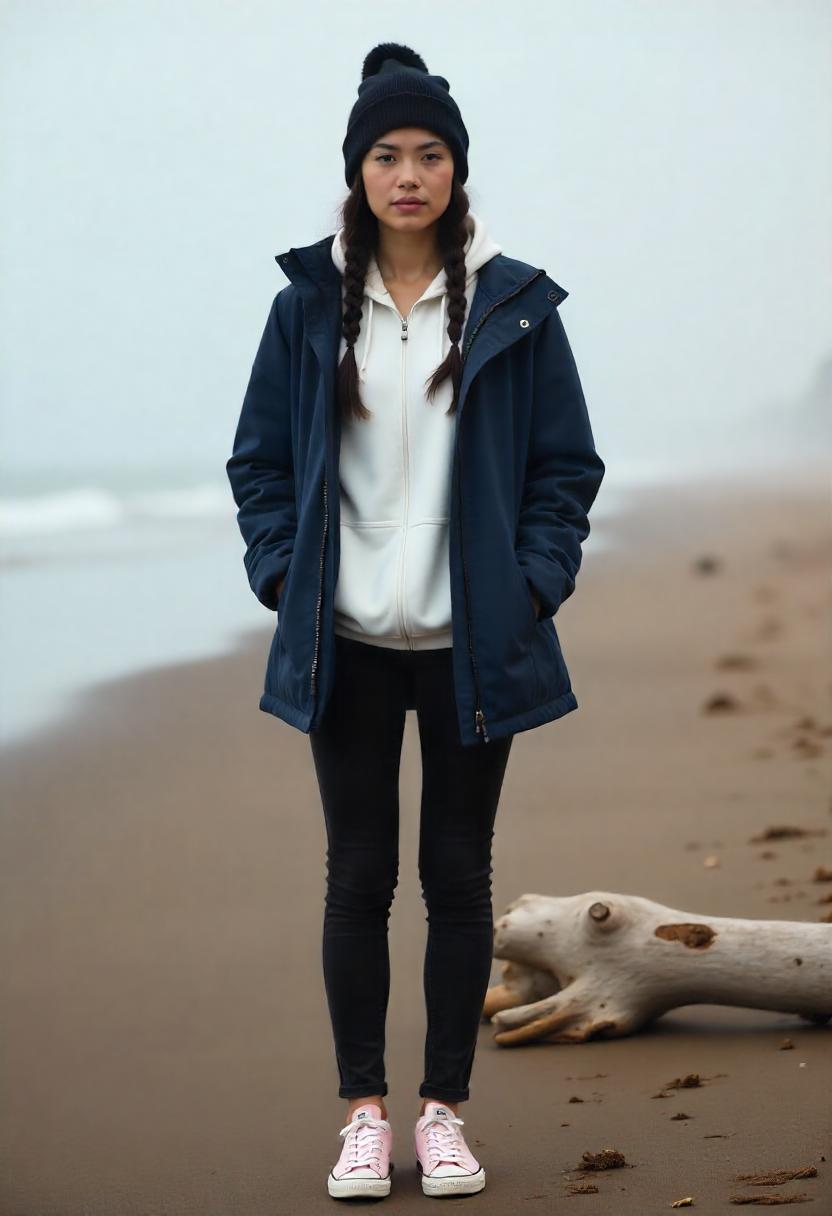 A Latina woman in slim black jeans, zip-up hoodie under a windproof jacket,