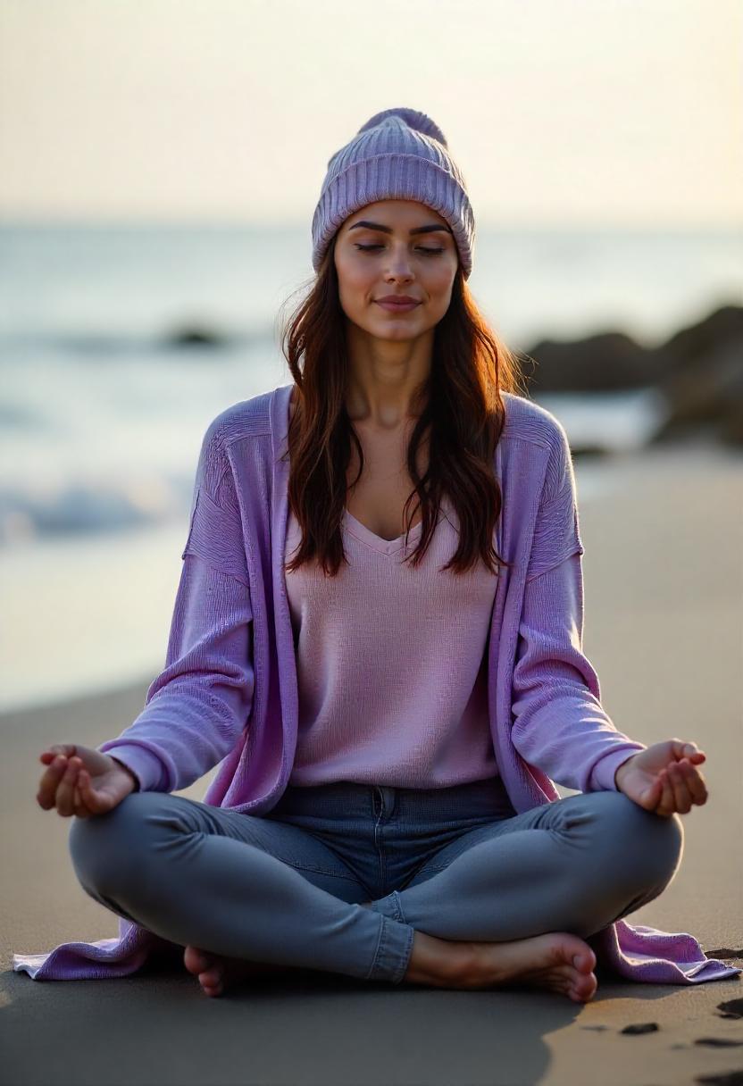 A South Asian woman in grey leggings, long cardigan