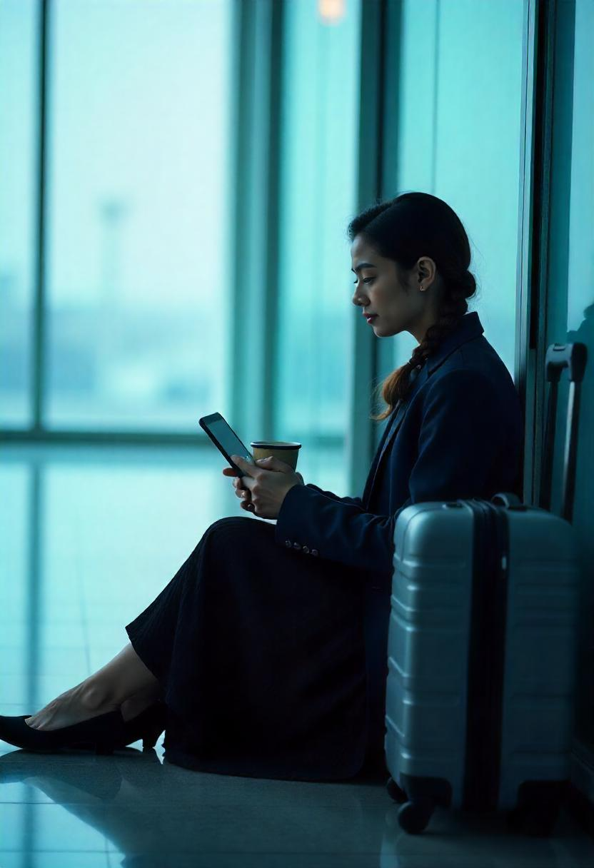 A South Asian woman in her 20s seated in a quiet terminal corner with a blazer