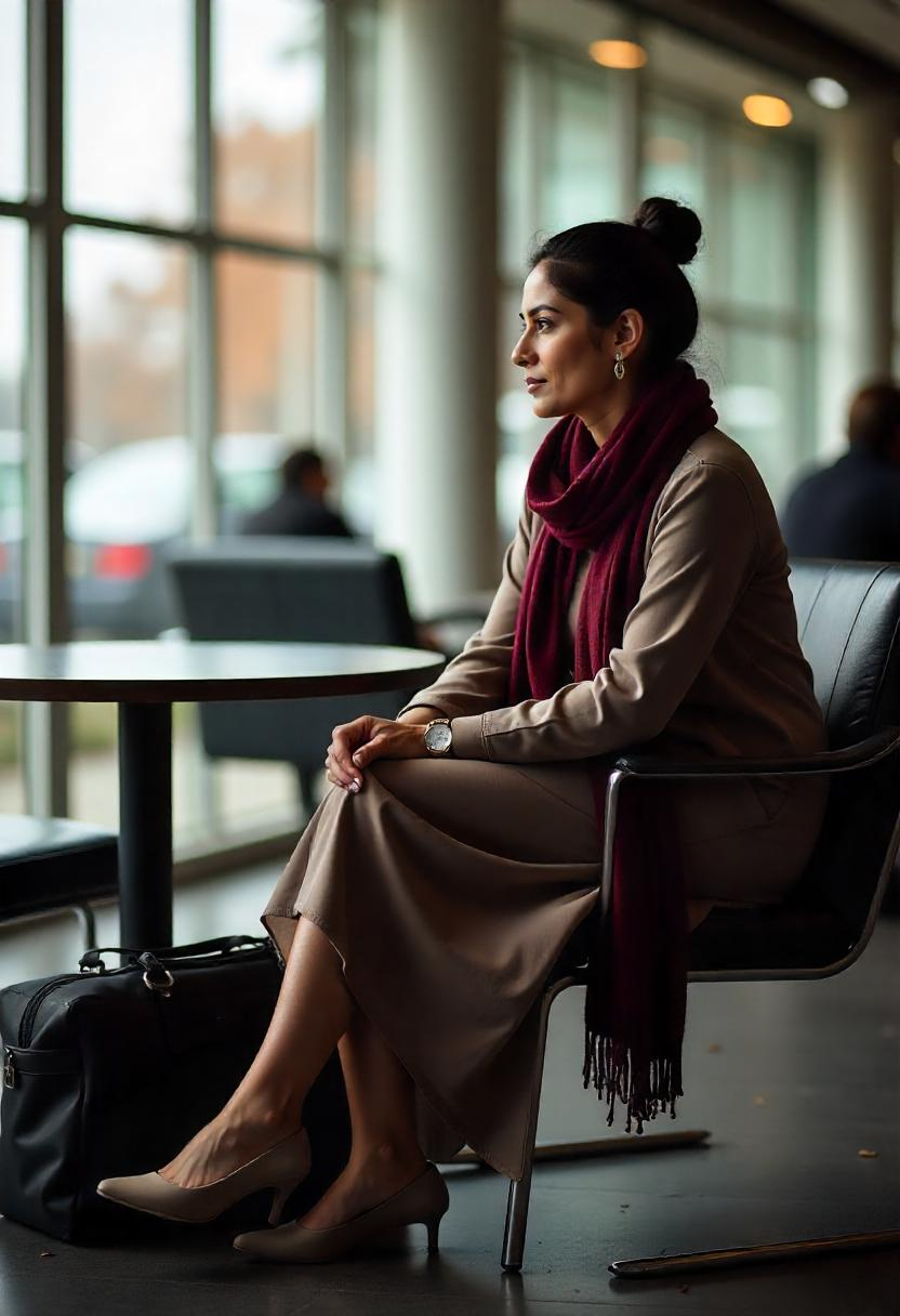 A South Asian woman in her 40s sitting near a boarding gate