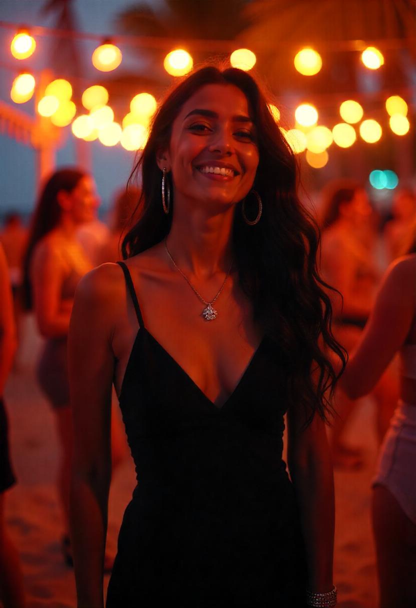 A South Asian woman in her late 20s in a black cutout jumpsuit