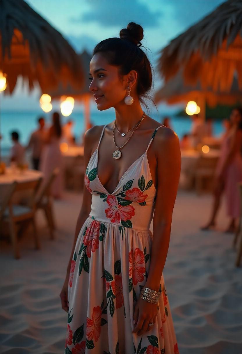 A South Asian woman in her late 20s wearing a flowy floral maxi dress