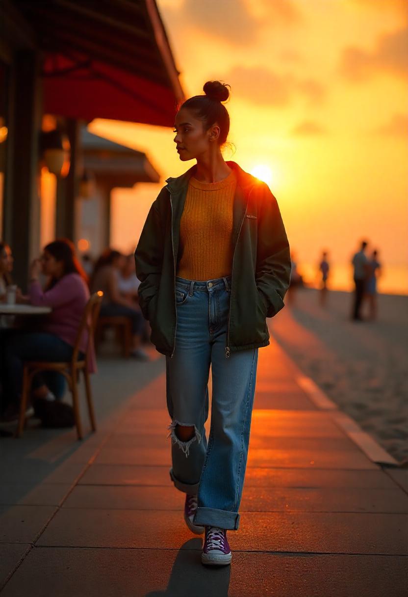 A South Asian woman in wide-leg jeans, ribbed crewneck sweater, windbreaker jacket