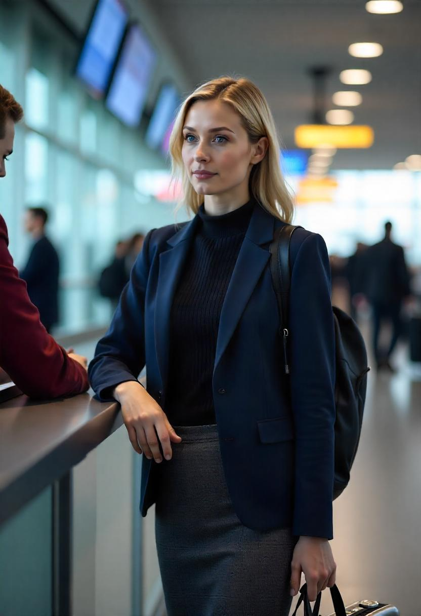 A White woman in her early 30s checking in with a navy blazer