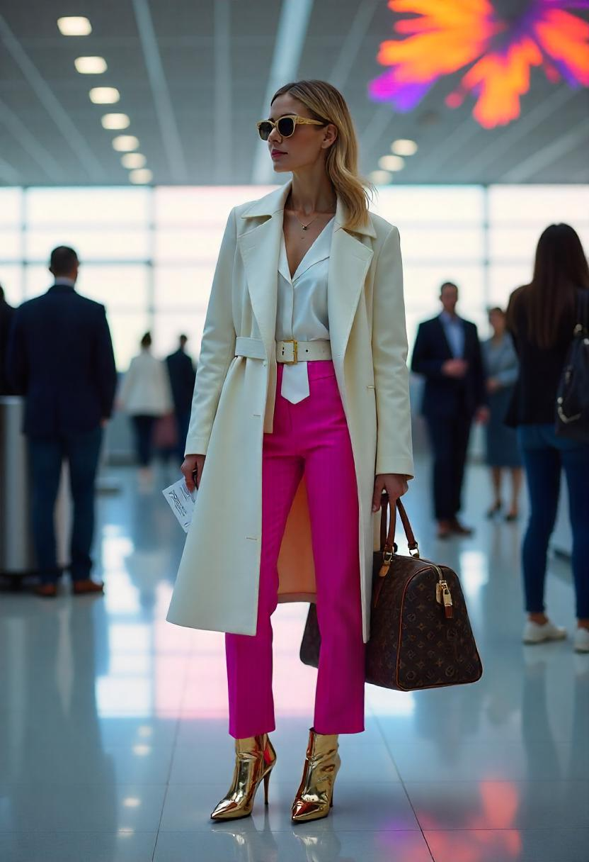 A White woman in her late 20s standing at check-in in an off-white belted coat over silk trousers