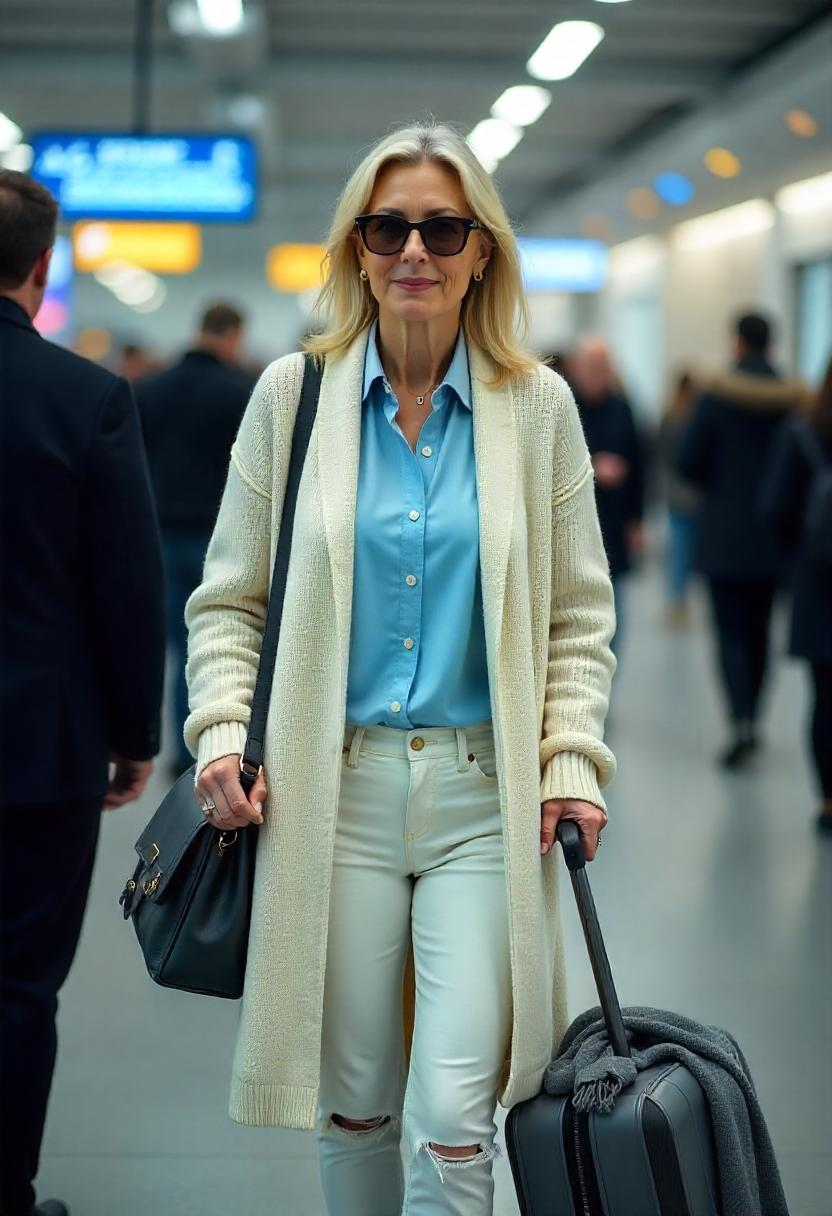 A White woman in her late 40s standing at the passport control line