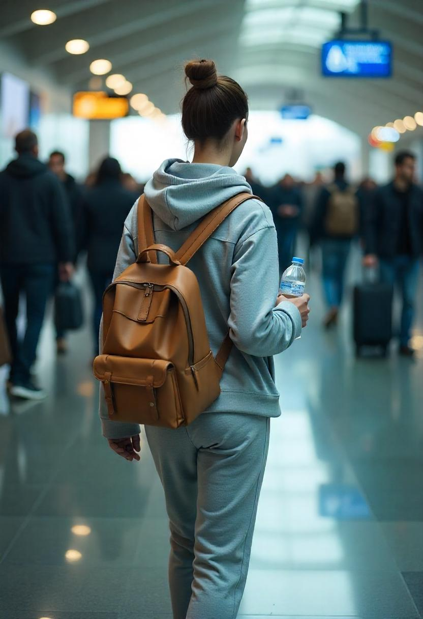 A White woman in her mid-20s walking through security in a soft gray loungewear set
