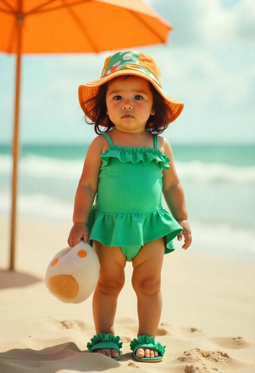 A baby girl in a tiered coloreful swimsuit with shoulder bows