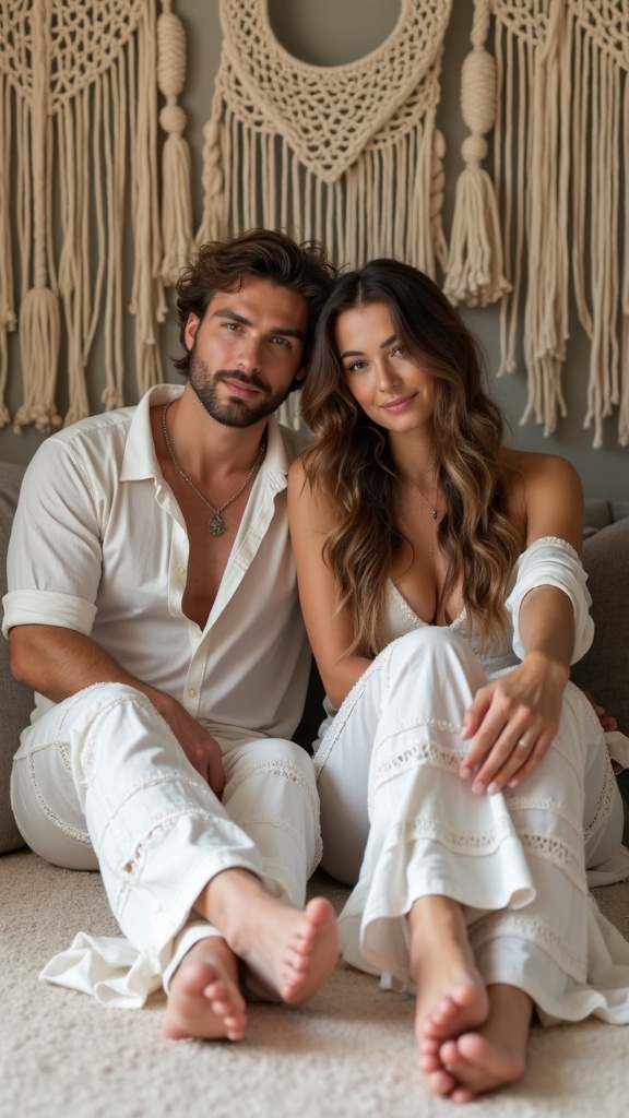 A barefoot couple in coordinated boho outfits, sitting under macramé hanging decorations