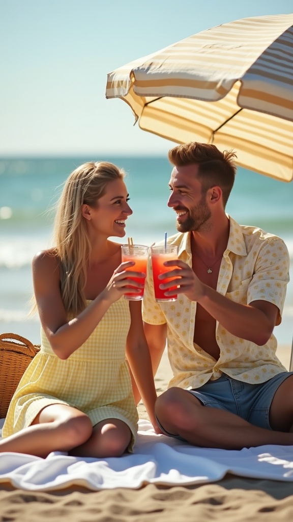 A beach picnic scene partners sitting on a blanket under a striped umbrella
