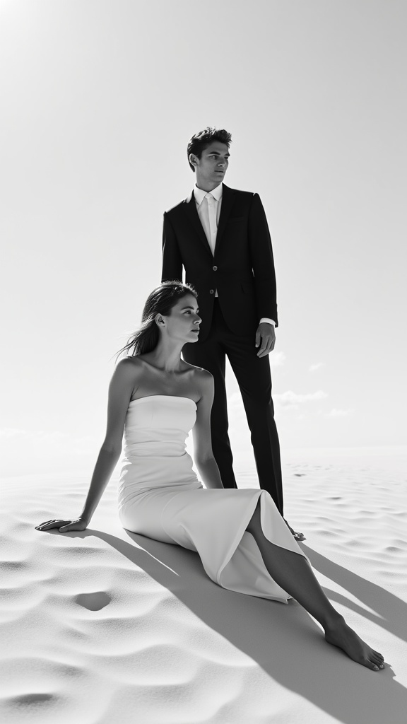 A black-and-white editorial style the woman sitting on a dune wearing a strapless white dress