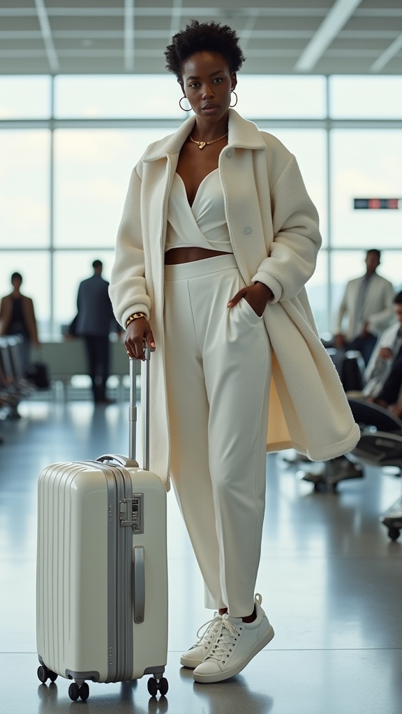 A black woman at the airport gate in a high-fashion monochrome