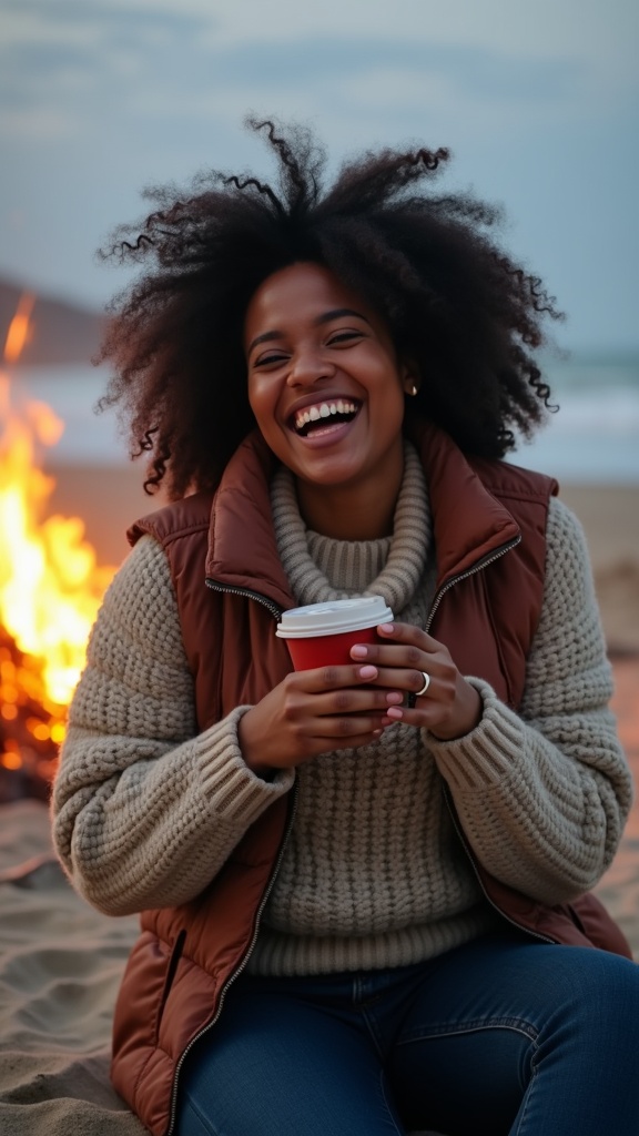 A woman in a chunky sweater and insulated vest, laughing with a hot drink in hand by a beach bonfire