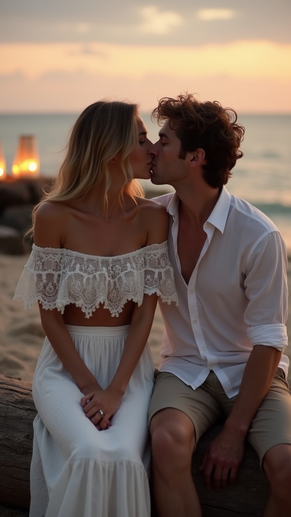 A bohemian couple seated on a driftwood log at dusk the woman in a lacy white off-shoulder top and long skirt