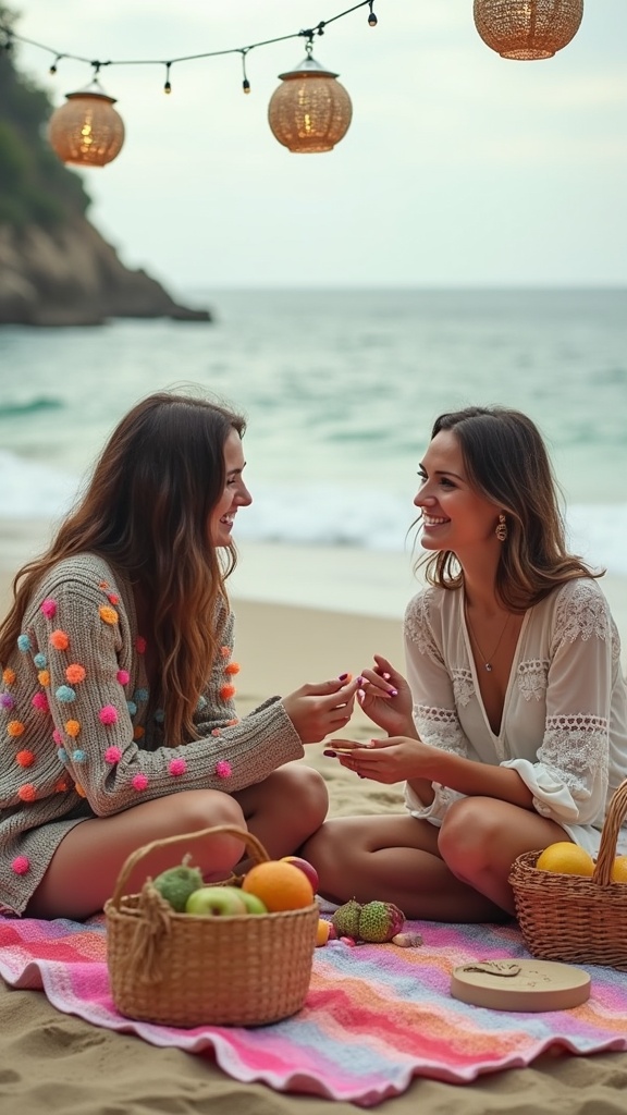 A boho picnic scene friends seated on colorful rugs on the beach