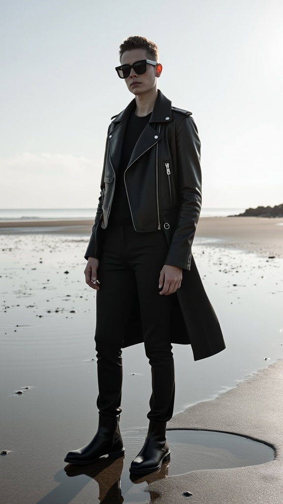 A bold monochrome look a figure in all-black ensemble