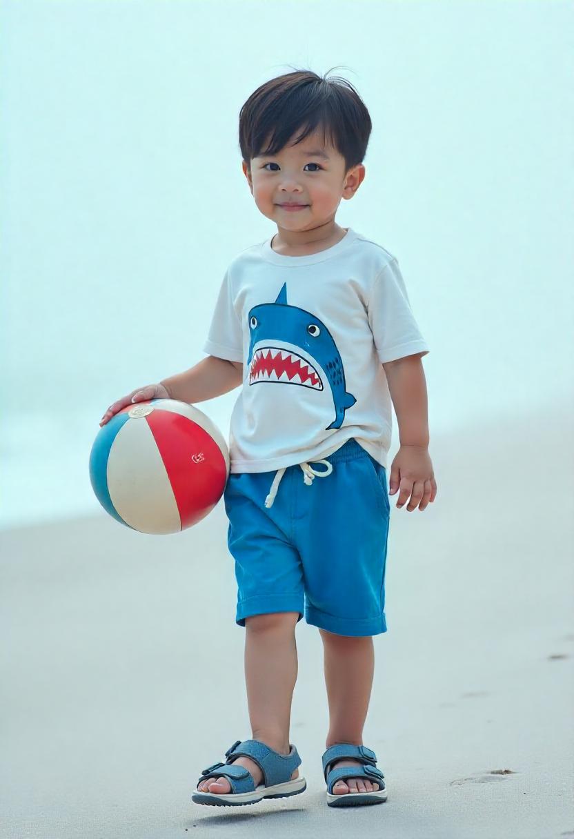 A boy in a cotton shark-print tee with drawstring blue shorts