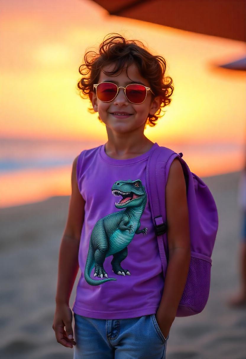 A boy in a sleeveless dinosaur tee and cotton shorts