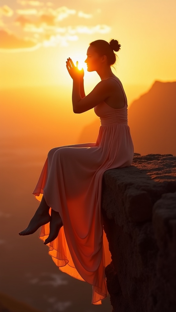 A breathtaking sunrise shoot a woman in a peach maxi dress