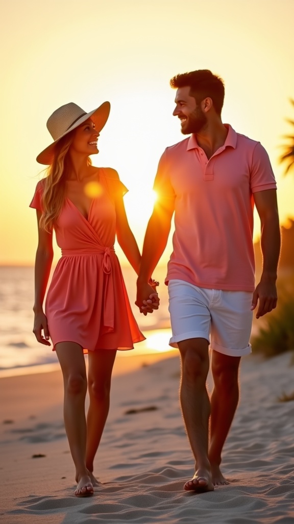A candid shot of a couple walking hand-in-hand the woman in a coral wrap mini dress and sunhat, the man in a casual polo and shorts, both barefoot and smiling as the sun dips below the horizon