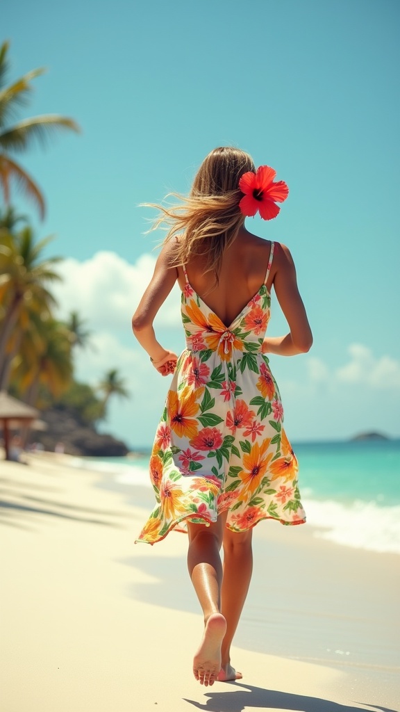A carefree woman in a bright, tropical-print sundress runs