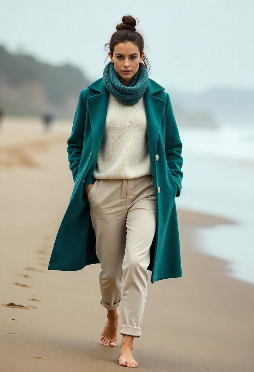 A caucasian woman in beige joggers, ivory fleece pullover, wool-blend coat