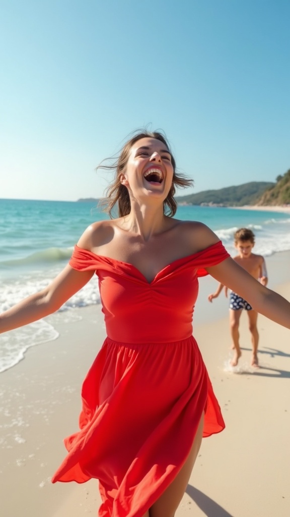 A cheerful beach scene a woman in a bold red off-shoulder sundress laughs with arms outstretched on the shoreline at midday, sea breeze lifting her dress as little kids splash in the background