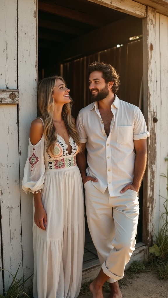 A chic photography moment a couple leaning against an old surf shack