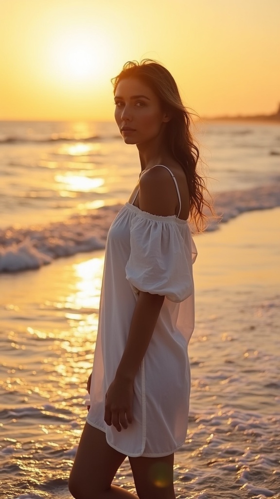 A chic sunset scene features a relaxed model in a lightweight white off-shoulder beach dress