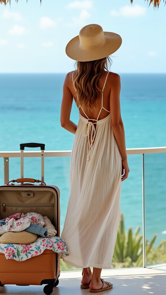 A chic vacation packing scene a woman on a deck overlooking the ocean