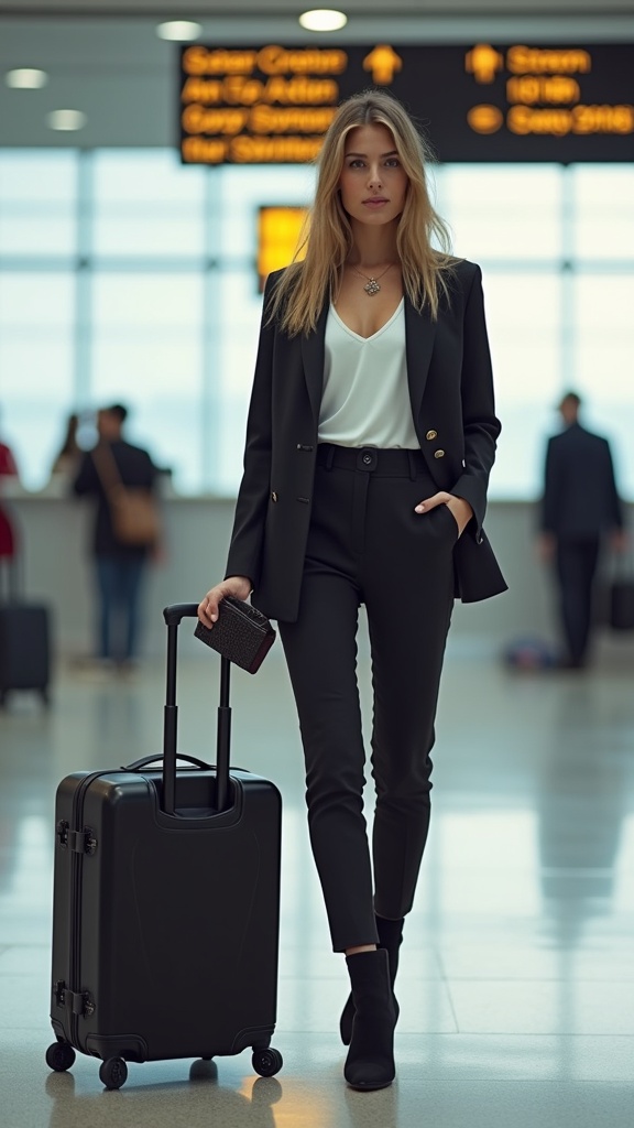 A chic woman standing in front of the airport check-in counter in a structured blazer