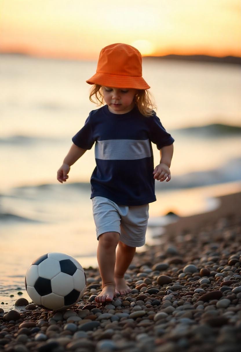 A child wearing a navy colorblock tee with lightweight grey shorts