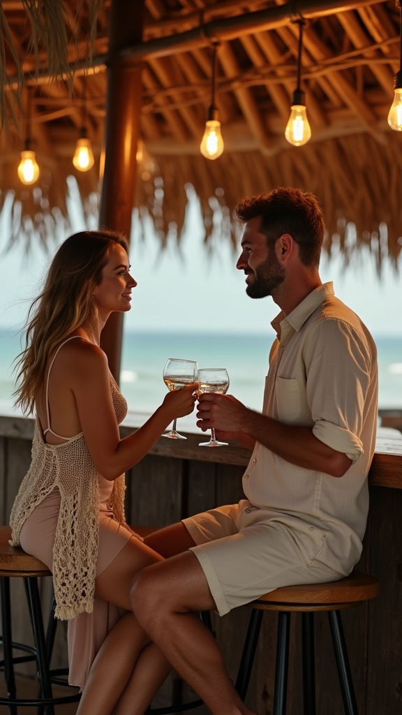 A classy beach bar scene a woman in a silky slip dress with a crochet shawl and the man in a loose linen shirt, clinking glasses on bar stools